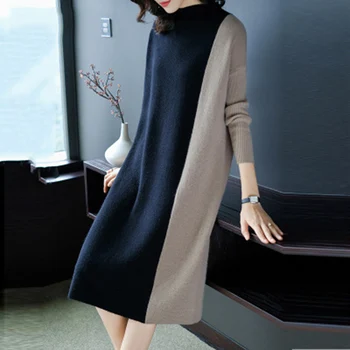 

Winter Long Sleeve Sweater Dress Women's Color Matching Casual Dress Female O-neck Straight Knitted Midi Dresses Vestidos