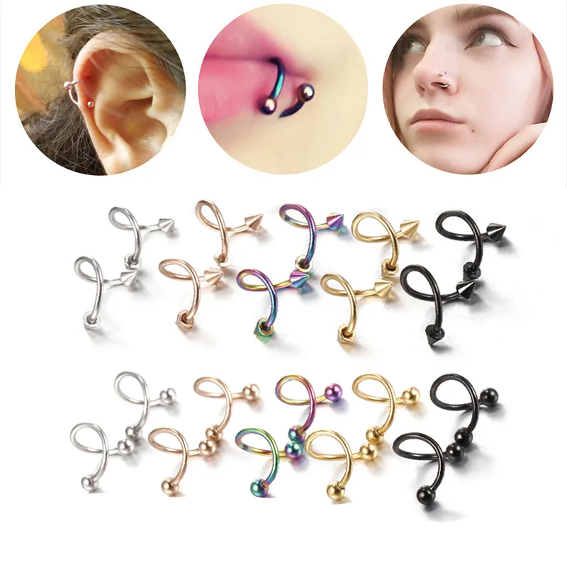 2Pcs 16G Spiral Twisted Ear Helix Cartilage Steel Earrings 16G Labret Piercing Rings Nose Pircing Body Jewelry