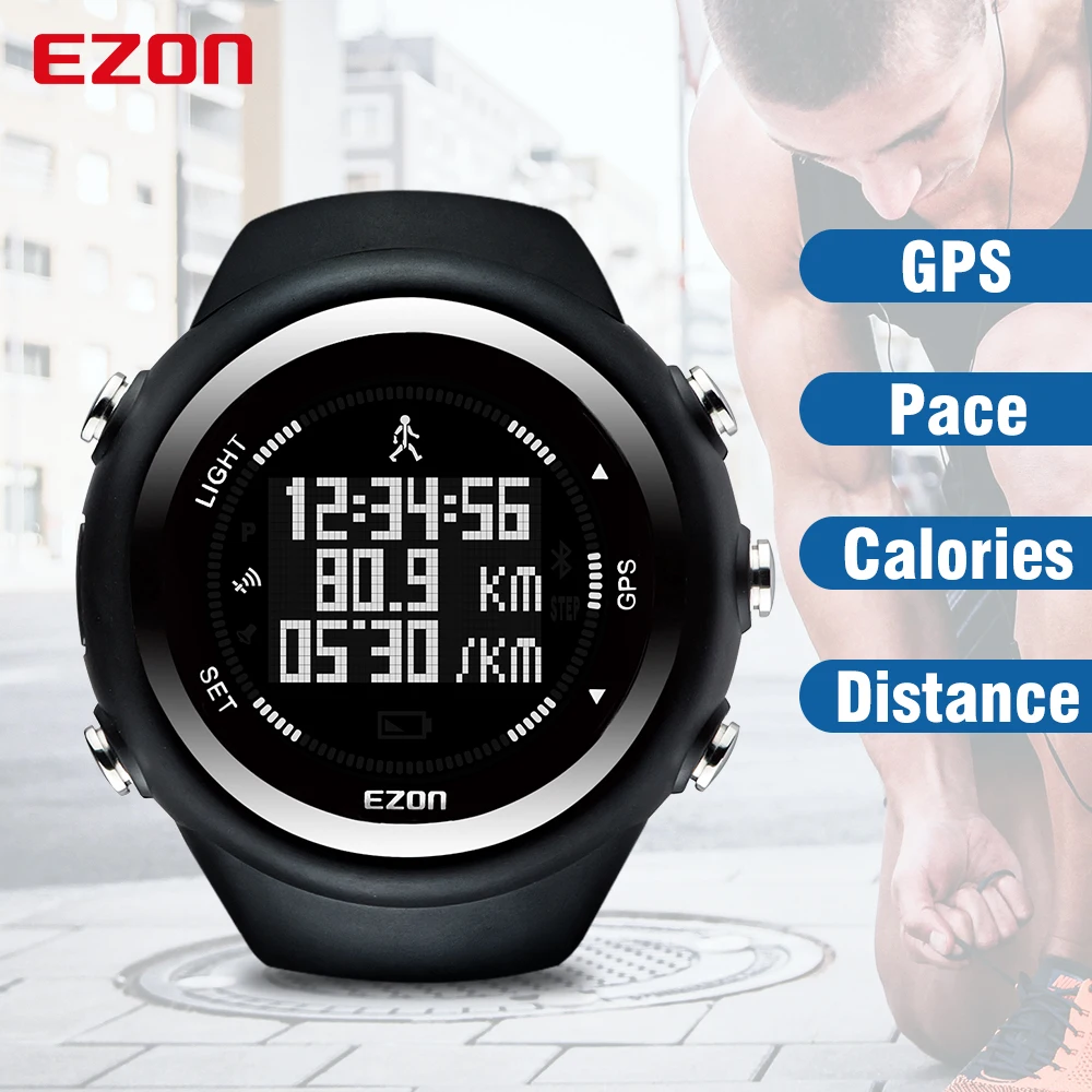 Men's Digital Sport Wristwatch GPS Running Watch With Speed Pace Distance Calorie Burning  Stopwatch 50M Waterproof EZON T031