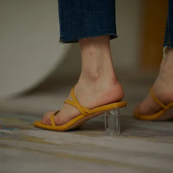 

MLJUESE 2020 women slippers Soft Rome style summer slip on open toe yellow color high heels sandals party dress