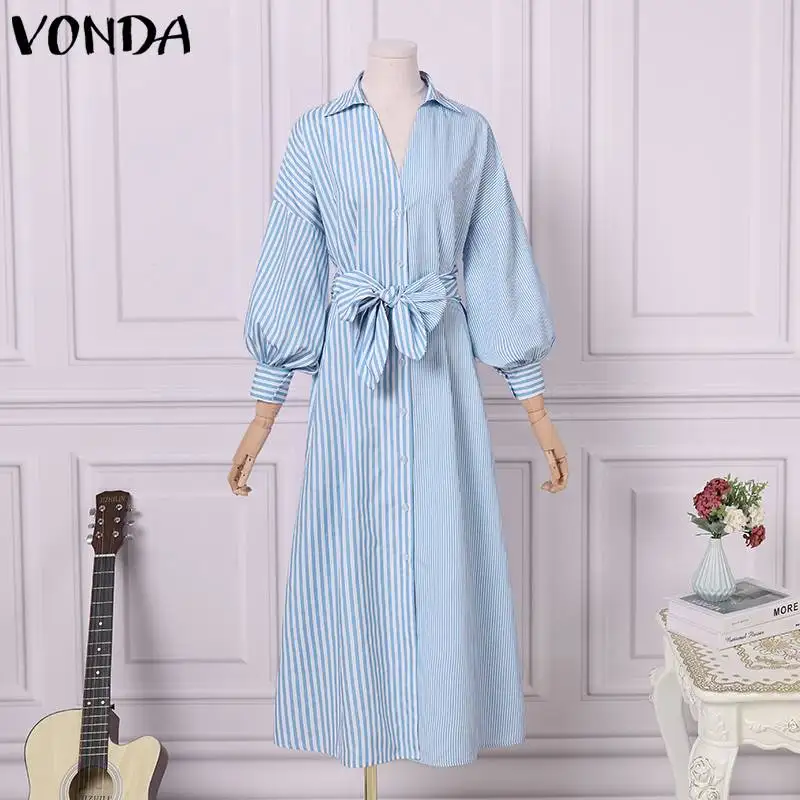 Striped Shirt Dress 2021 VONDA Women Vintage 3/4 Sleeve Lapel Neck Belted Dress Holiday Party Striped Long Vestidos Oversized Striped Shirt Dress 2021 VONDA Women Vintage 3/4 Sleeve Lapel Neck Belted Dress Holiday Party Striped Long Vestidos Oversized