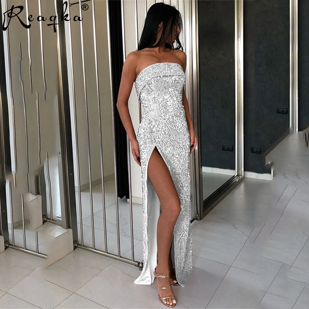

Reaqka 2019 Off Shoulder Women Sexy Strapless Dress Vestidos Backless Sequin Bodycon Party Split Maxi Long Dresses for Female