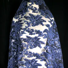 Ширина 150 см темно-синяя вышитая блестящая ткань с цветами для вечернего платья, платья для выступлений, модная одежда, ткань