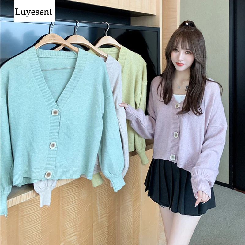 

Lantern Long Sleeve Women Cardigans Sweater 2019 Lady Solid 4 Colors Buttons Single Breasted Knit V Neck Top Fashion New Jumpers