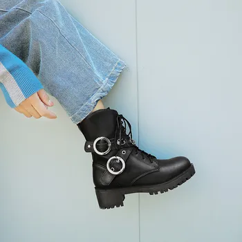 

Studded Belt Buckle Cross Strap Lace Up Block Square High Heels Military Combat Ankle Boots Punk Gothic Biker Boot Shoes