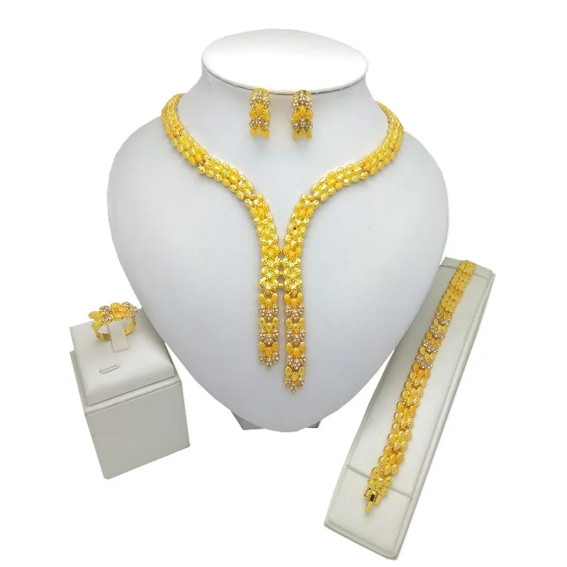 

Kingdom Ma Fashion African Costume Gold Color Jewelry Set Nigerian Wedding Crystal Bridal Necklace Bracelet Earrings Ring Sets