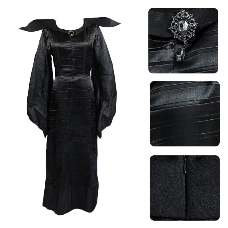 Women Plus Size Halloween Movie Deluxe Black Long Gown Evil Queen Witch Dress Cosplay Party Costume with Horn Hat Headpiece