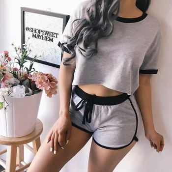 

Fashion Two Piece Set Women Fitness Workout Tracksuit Short Sleeve Crop Top and Shorts Suit Elegant Ladies Home wear 2 Piece Set