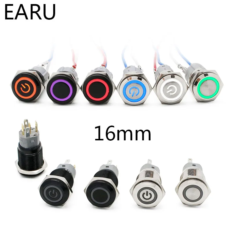 White 12VDC 2Pcs 16mm Self Reset Momentary Push Button Switch in Metal 5 Pin Waterproof Flat Round Switch with LED and Digit 1