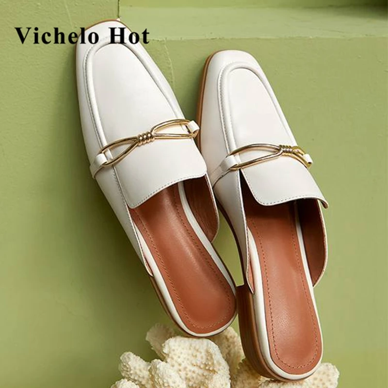 

Vichelo Hot full grain leather square toe metal fasteners leisure vintage low heels mules slip on gorgeous outside slipper L7f2