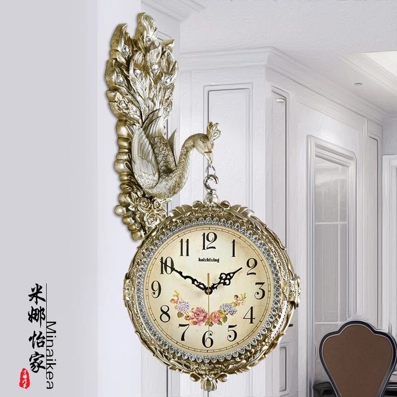 European Wall Clock Double-sided Watch Clock Living Room Clocks Creative Personality Peacock Decoration Artist with Silent Clock