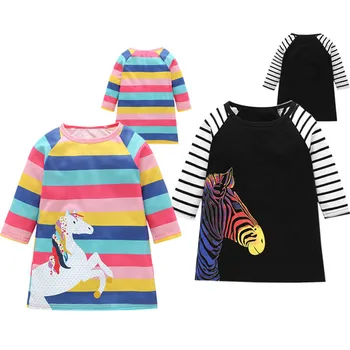 

2-6Y Toddler Little Girls Princess Dress Kids Baby Girl Long Sleeve Striped Patchwork Cartoon Rainbow Unicorn Horse Dresses