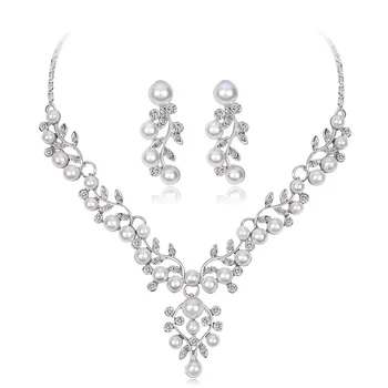 

leaf silver color alloy rhinestone jewelry set of necklaces and earrings wedding necklaces pendants
