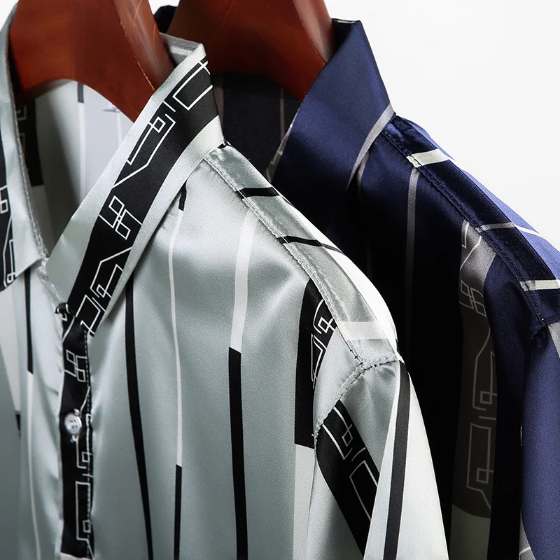 New Summer Male Silk Clothes Fashion Striped Silk Shirt Short Sleeve Mens Casual Satin Dress Shirts