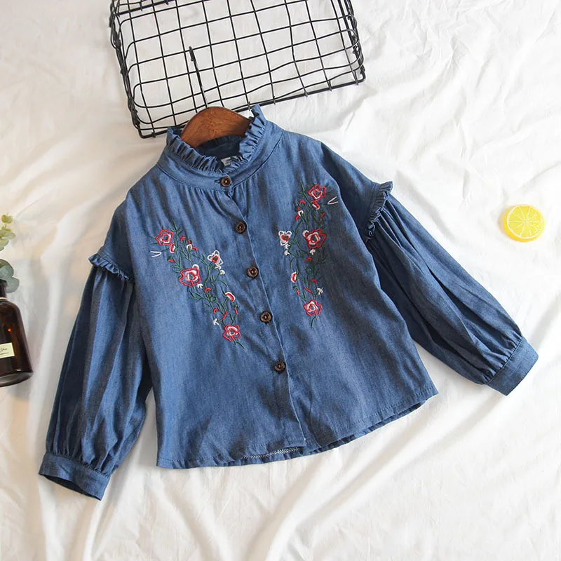 

2019 Spring And Autumn New Style Childrenswear Cowboy CHILDREN'S Shirt Girls Lantern Sleeve Shirt Children Lace Collar Children