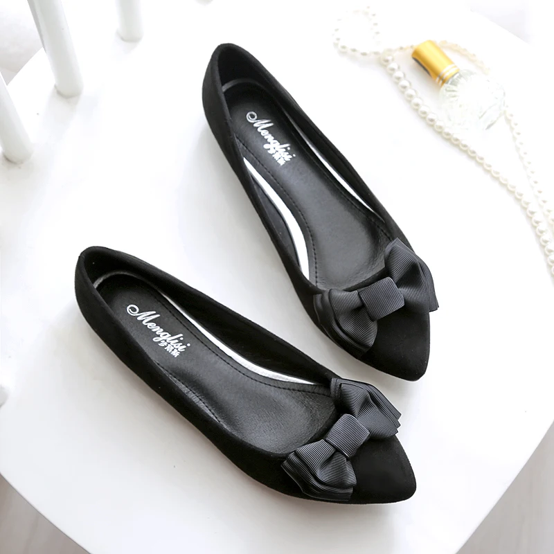 

woman shoes bow knot ballet flats shallow slip on slides suede pointed toe loafers big size Comfortable shoes women black purple