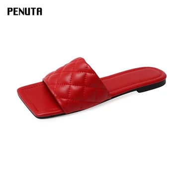 

2020 PENUTA Lattice flat Slippers Square Toe Women Summer Outdoor Sandals Casual Beach Shoes Genuine Leather Ladies Runway T0017