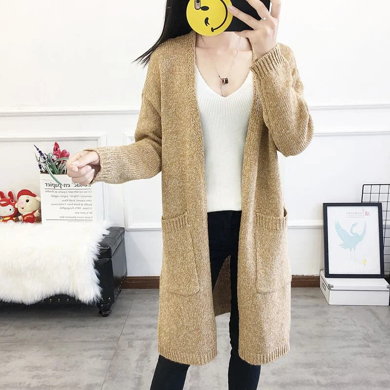 FANIECE INS/Модный зимний Кардиган, пальто для женщин, оверсайз, длинный, Carigan, однотонный, серый, хаки, корейский, открытый стежок, свитер, пальто, уличная одежда