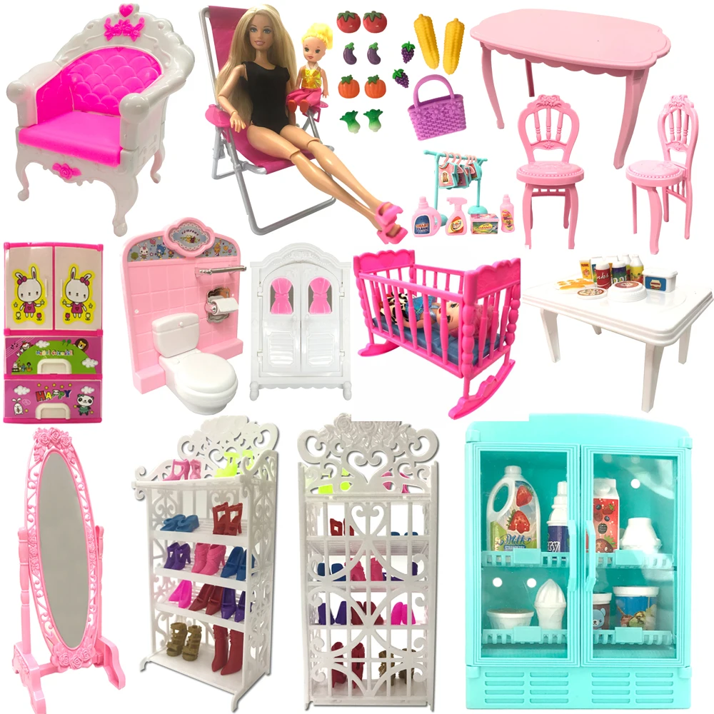 NK Mix Doll Toys Mini Mirror Bed Table Kitchen Fridge For Barbie Accessories Doll For Kelly Tableware Play House Furniture JJ