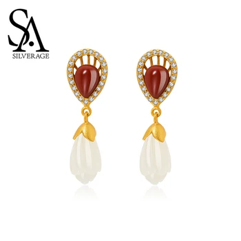 

SA SILVERAGE S925 Sterling Silver Love Hetian Jade Earrings Red Agate Earrings Drop Sterling Silver Lotus Chain Women Jewelry