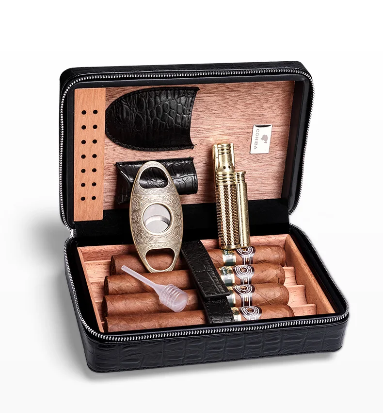 Чехол для сигар Humidor для 4 сигар дерево кедра с подкладкой кожаный дорожный увлажнитель для сигар набор с увлажнителем Подарочная коробка(без зажигалки