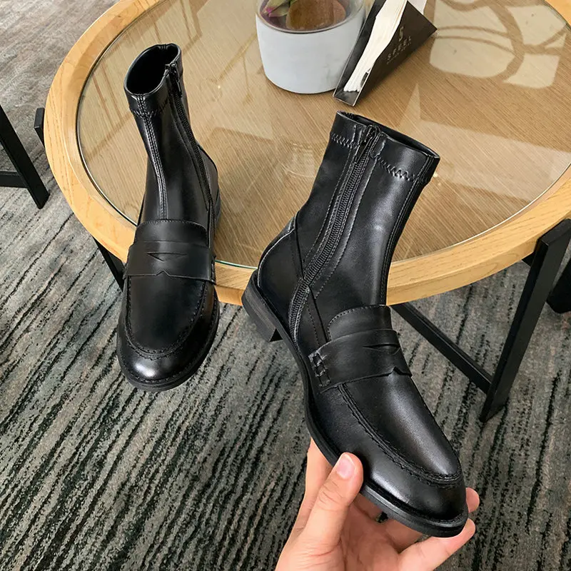 

EshtonShero Winter New Ankle Boots Low Heel Riding Boots Genuine Leather Platform Square Toe Zipper Women Boots Size 3-9