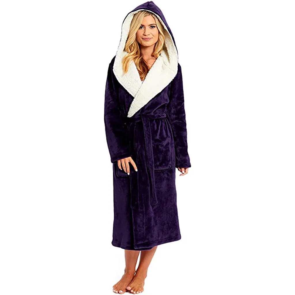 Женские зимние плюшевые халаты, пижамы, удлиненная шаль, халат, домашняя одежда, халат с длинными рукавами, пальто с капюшоном, толстые карманные халаты с поясом
