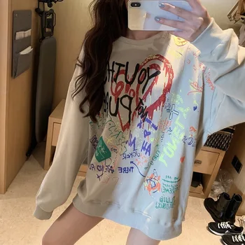 

2019 New Women's Autumn Loose Korean Bf Style Street Couple Graffiti Plus Plush Round Neck Pullover