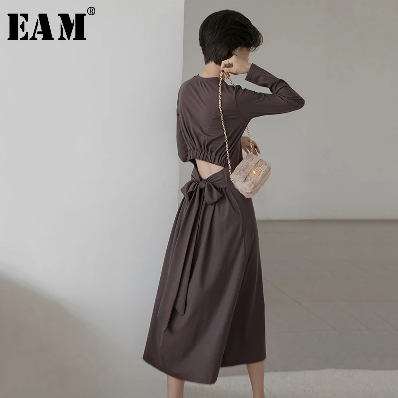 

[EAM] Women Back Hollow Out Bandage Temperament Dress New Round Neck Long Sleeve Loose Fit Fashion Tide Spring Autumn 2019 1D587