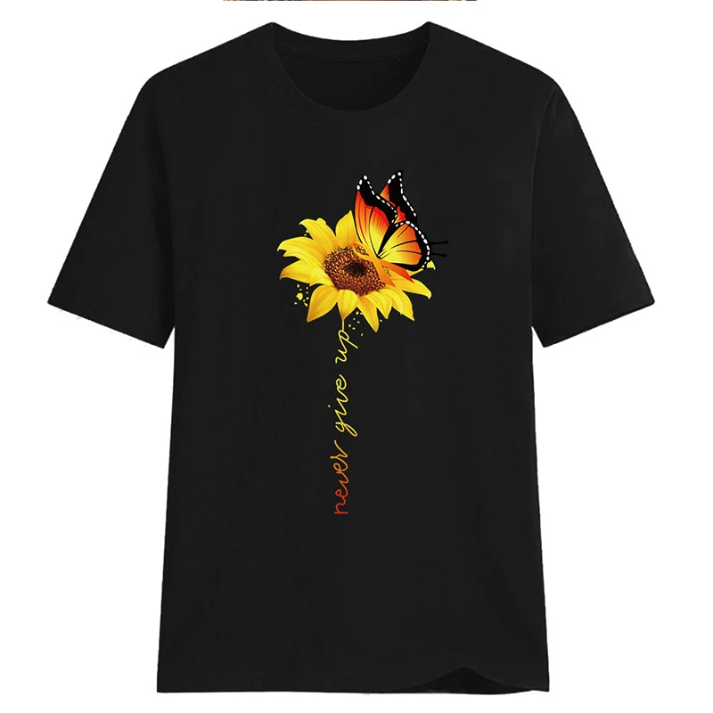 

Butterfly Sunflower Women's T-shirt Cotton Print Graphic White Tshirt Female Casual Aesthetic Black T Shirt Green Harajuku Top