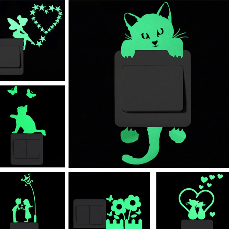 Cartoon Luminous Switch Sticker Glow in the Dark Cat Home Decoration Removable Wall Decals Valentine Party Decor | Дом и сад