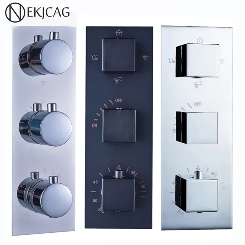 Thermostatic Faucet Cartridges Triple Mixer Valve Chrome Matte Black Brass 3-4 Way Water Outlet Mixer Valve for Shower Set Panel