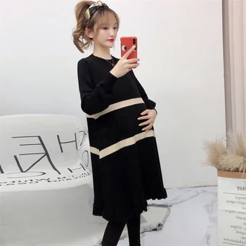 

609# Autumn Winter Thick Warm Knitted Maternity Sweaters Dress Loose Sweet Pullovers Clothes for Pregnant Women Pregnancy Shirt
