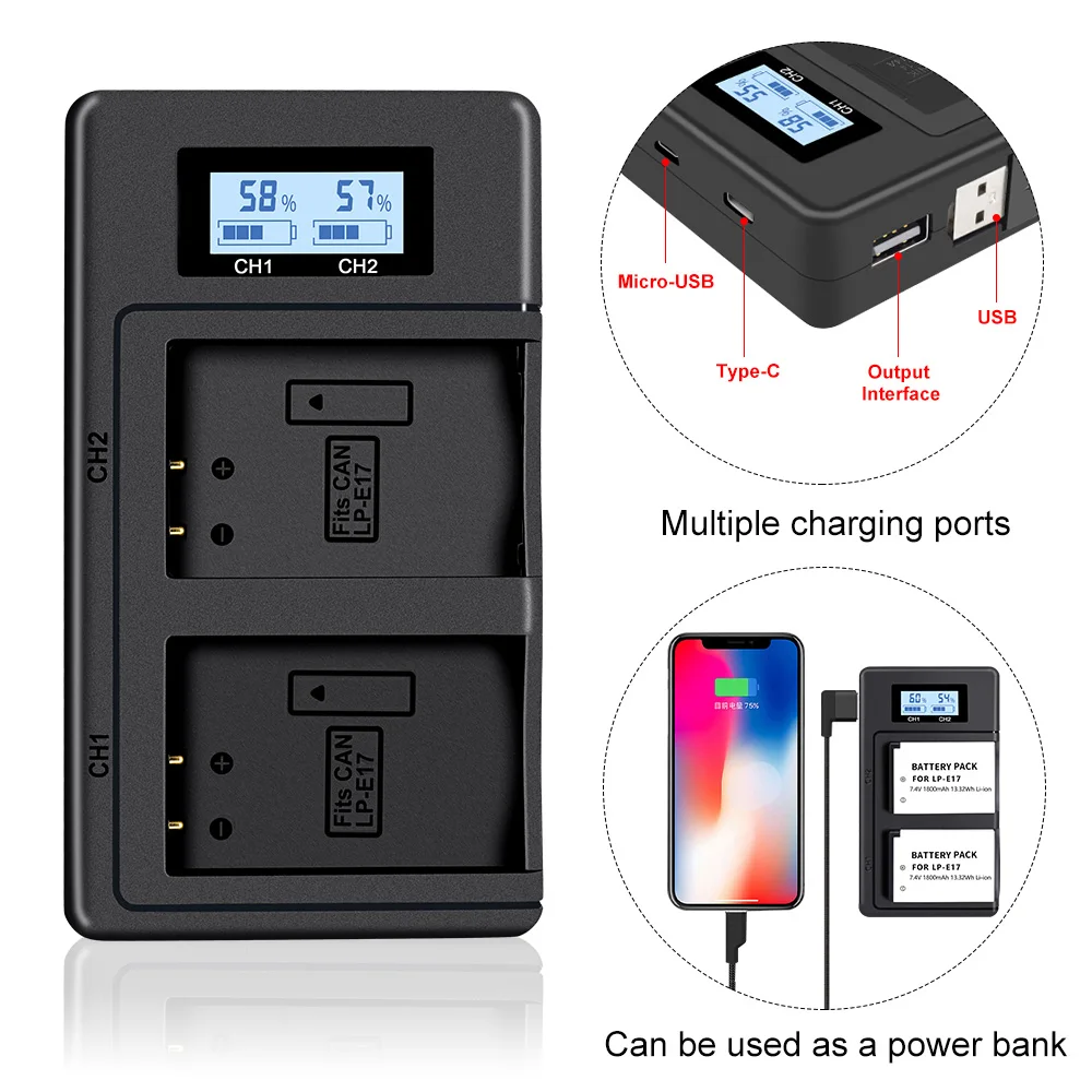 PALO LP-E17 LPE17 USB LCD Dual Charger Battery For Canon EOS M3 750D 760D T6i T6s 8000D Kiss X8i Camera | Электроника
