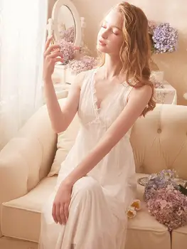 

Free Shipping 2020 New Summer Women's Vintage Long Nightgown White Pink Purple Sleepwear Lace Sweet Pijamas V-Neck Slip Dress