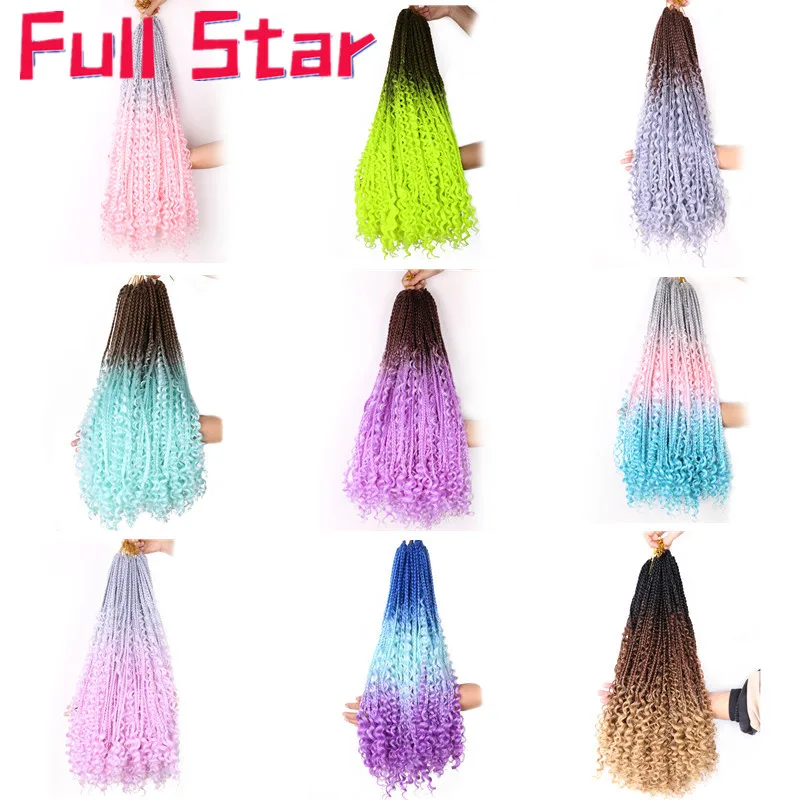 Full Star Box Braids Curly Ends Synthetic Crochet Hair Extension 12 Strands  22 Brown Ombre Green Crotchet Hair For Women - AliExpress