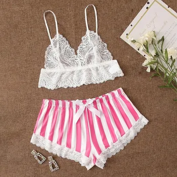 

Summer Women Sexy Pure Color Lace Transparent Sleeveless Camis Tops Striped Lingerie Silk Satin Short Sleepwear Pajamas Sets#p3