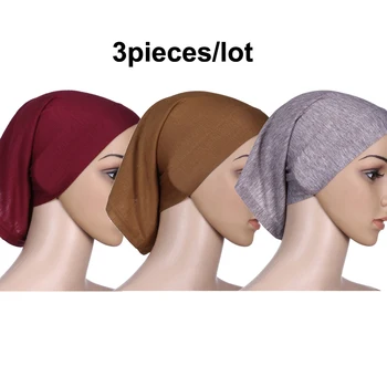 

3Pieces a Lot Islamic Women Head Scarf Dubai Saudi Arab Muslim Traditional Hijab Solid Color Cotton Underscarf Cover Headwrap