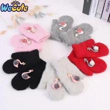 Wecute/теплые рукавицы из кроличьего меха с изображением маленького лебедя; зимние Бархатные утепленные детские перчатки для мальчиков и девочек; защита рук