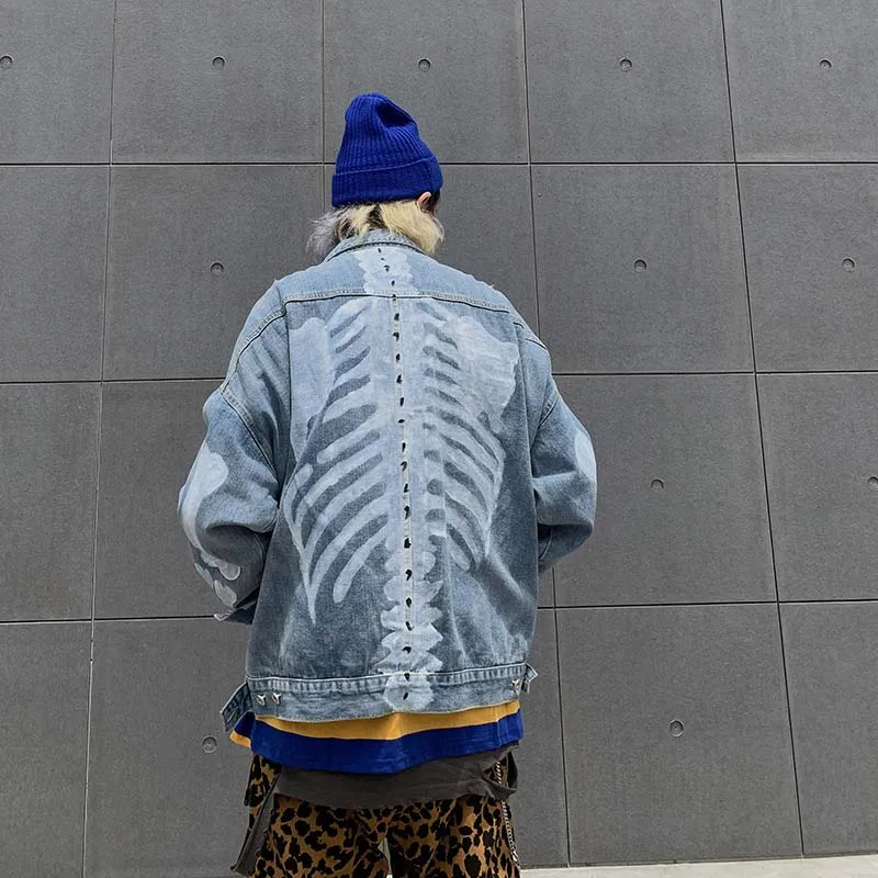 KIOVNO Men Skeleton Bone Graffiti Denim Jackets Coats Hip Hop Printed Streetwear Jeans Jackets Outwear For Male Size M-XL (9)