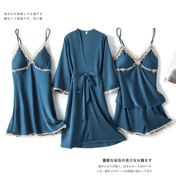 

Spring Autumn Women 4PCS Pajamas Robe Set Female Casual Loose Sleepwear Nightwear Sexy V-neck Nightwear Sleep Set Pijamas Suit