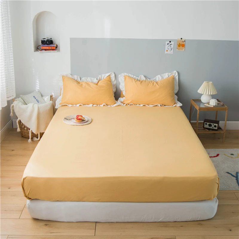 

Washed Cotton Bed Sheet Macaron Solid Color Elastic Band Soft Sheet Mattress Protector Soft Skin-friendly Home Bed Sheet