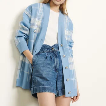 

Preppy Style Knit Cardigan Women's Sweater Plaid V-neck Long Sleeve Single Breasted Knitwear Coat with Pockets