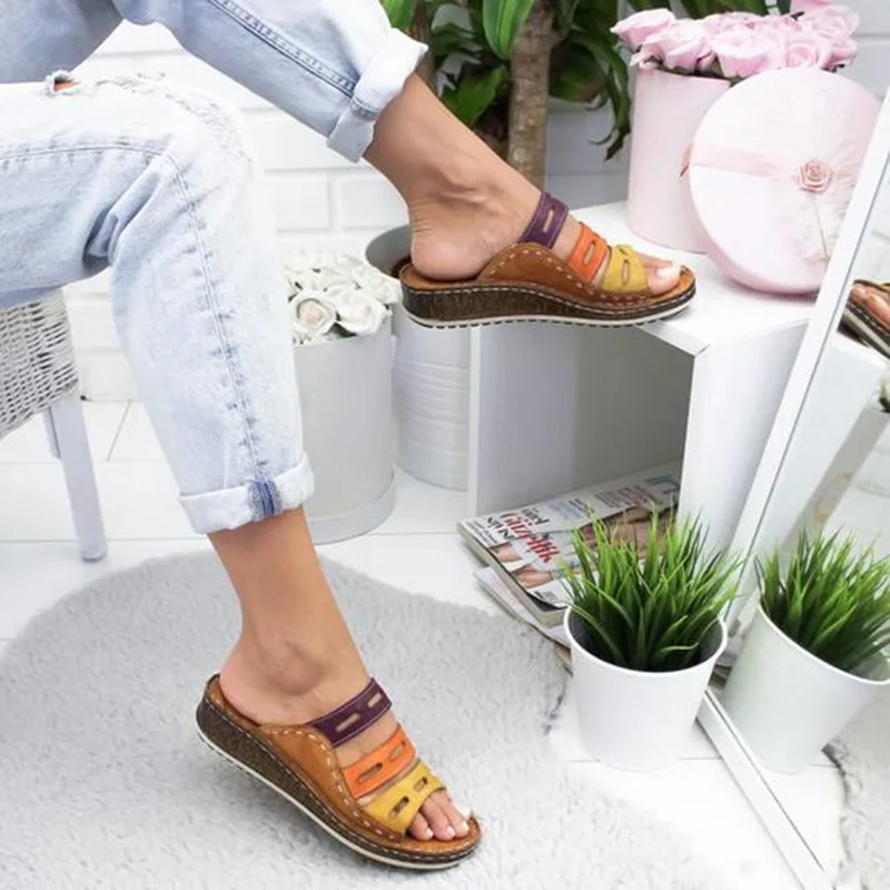 SHUJN Летние женские сандалии 3 цвета шить сандалии женская повседневная обувь с открытым носком на платформе на танкетке шлепанцы пляжная обувь