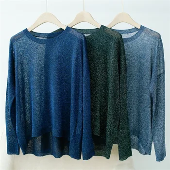 

Early Autumn Womens Thin Knitted Sweater O-neck Casual Shining Lady Long Sleeve Knitwear Jumpers Female Bottoming Pullover Top