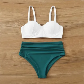 

2020 Women Push Up Bikini Set Mermaid Swimwear Bandeau Shell White Bikinis Top High Waisted Green Swimsuit Bottoms Female Beach