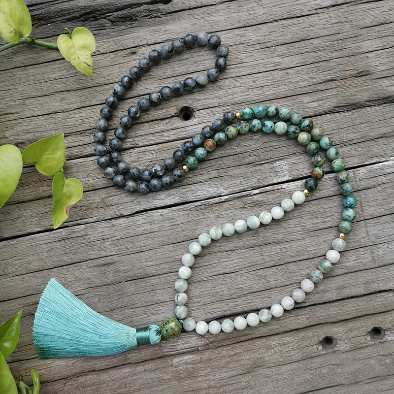 8mm Natural Stone Beads African Turquoise lucky Jade Positive JapaMala Set Spiritual Jewelry Meditation Lotus Mala 108 Bead | Украшения и