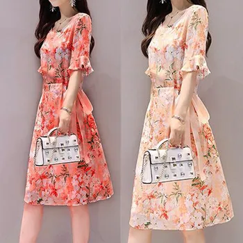 

2020 Flower Print Summer Clothe For Women Fashion O-Neck Knee Length Dress Vestido Mujer Short Sleeve Printing Dress Sukienka #4