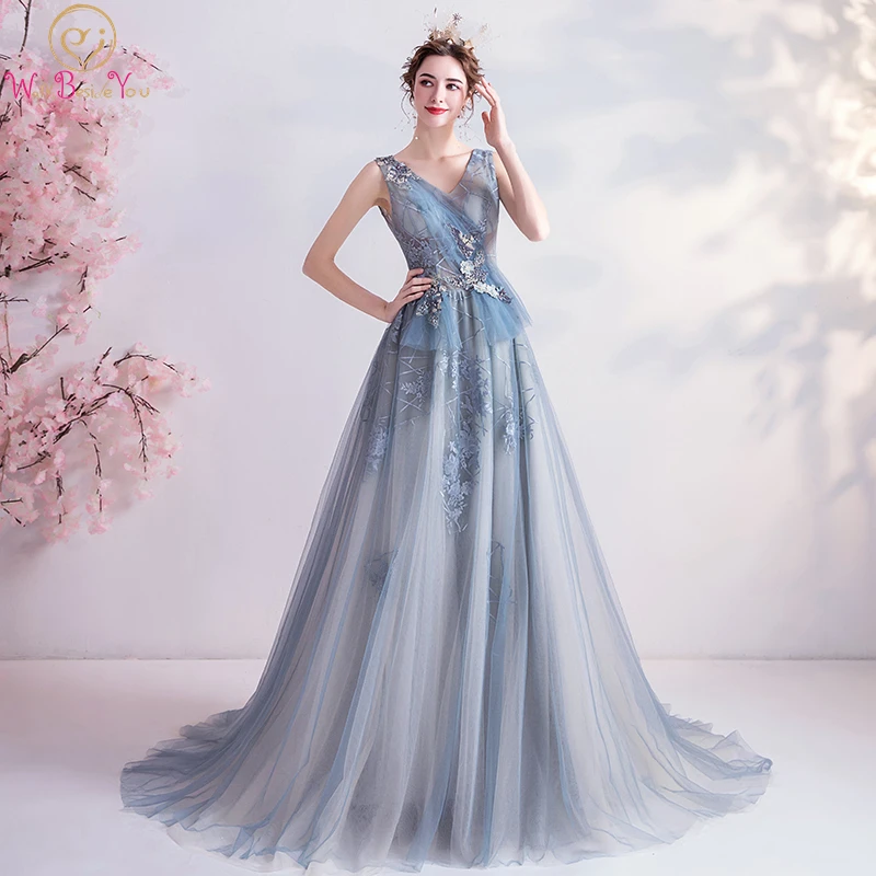 

Walk Beside You Gray Blue Tulle Evening Dress Long A Line V Neck Lace Applique Beaded Pearl Pleat Sleeveless Prom Formal Gown