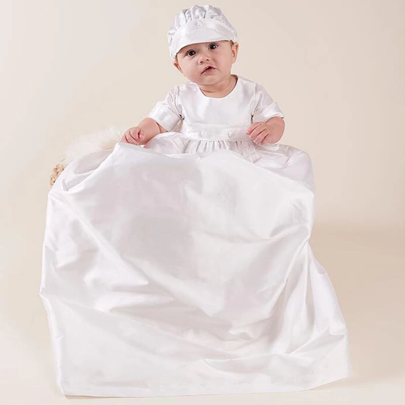 

Baby Boy Baptism Gown Floor Length Satin Christening Suits with Hat Children Special Occasion Formal Wear White Christening Gown